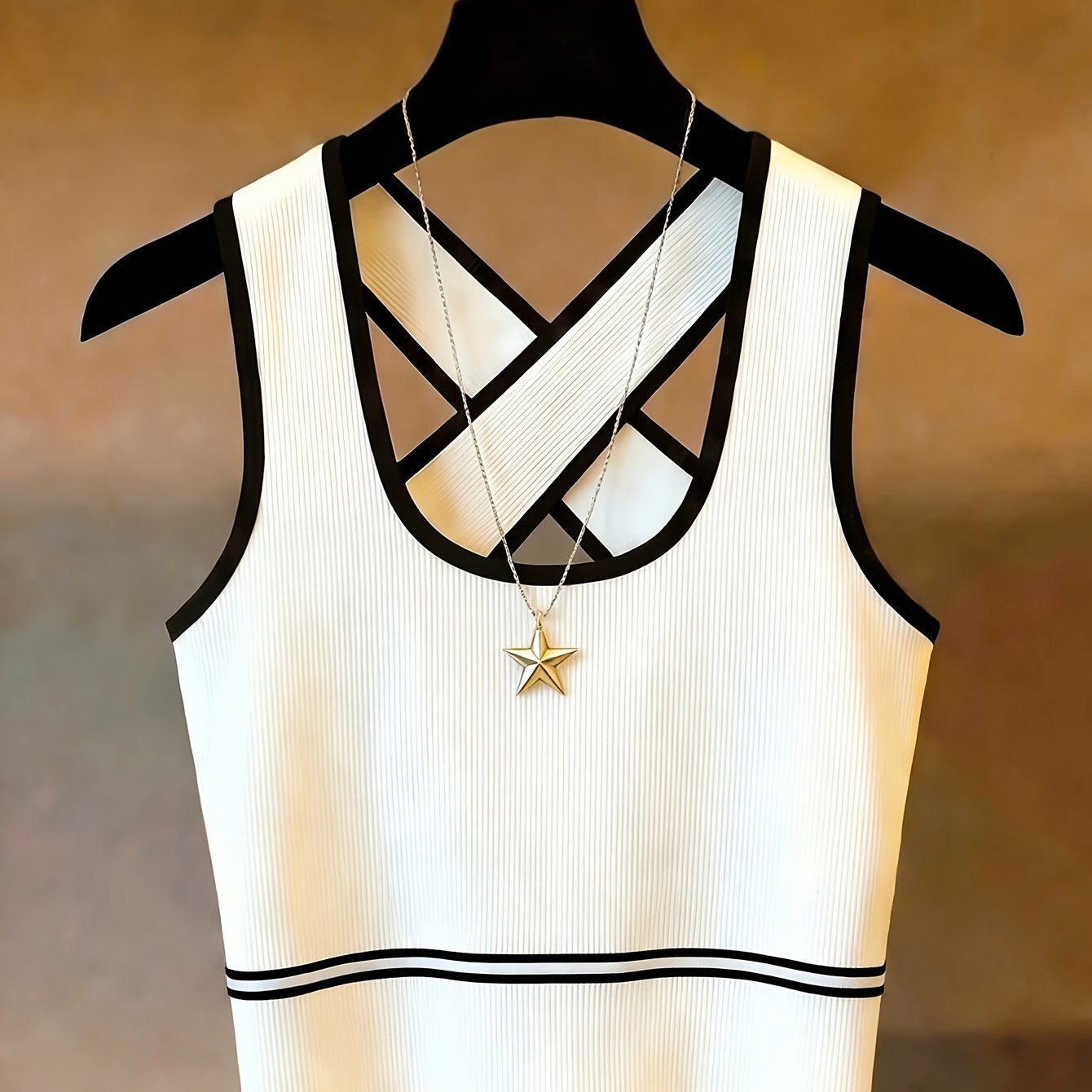 TEMU Women's Black And White Ribbed Racerback Tank Top, Summer Sexy Fashion Y2k Cross-front Top, Suitable For Night Out, Elegant Casual Color-block