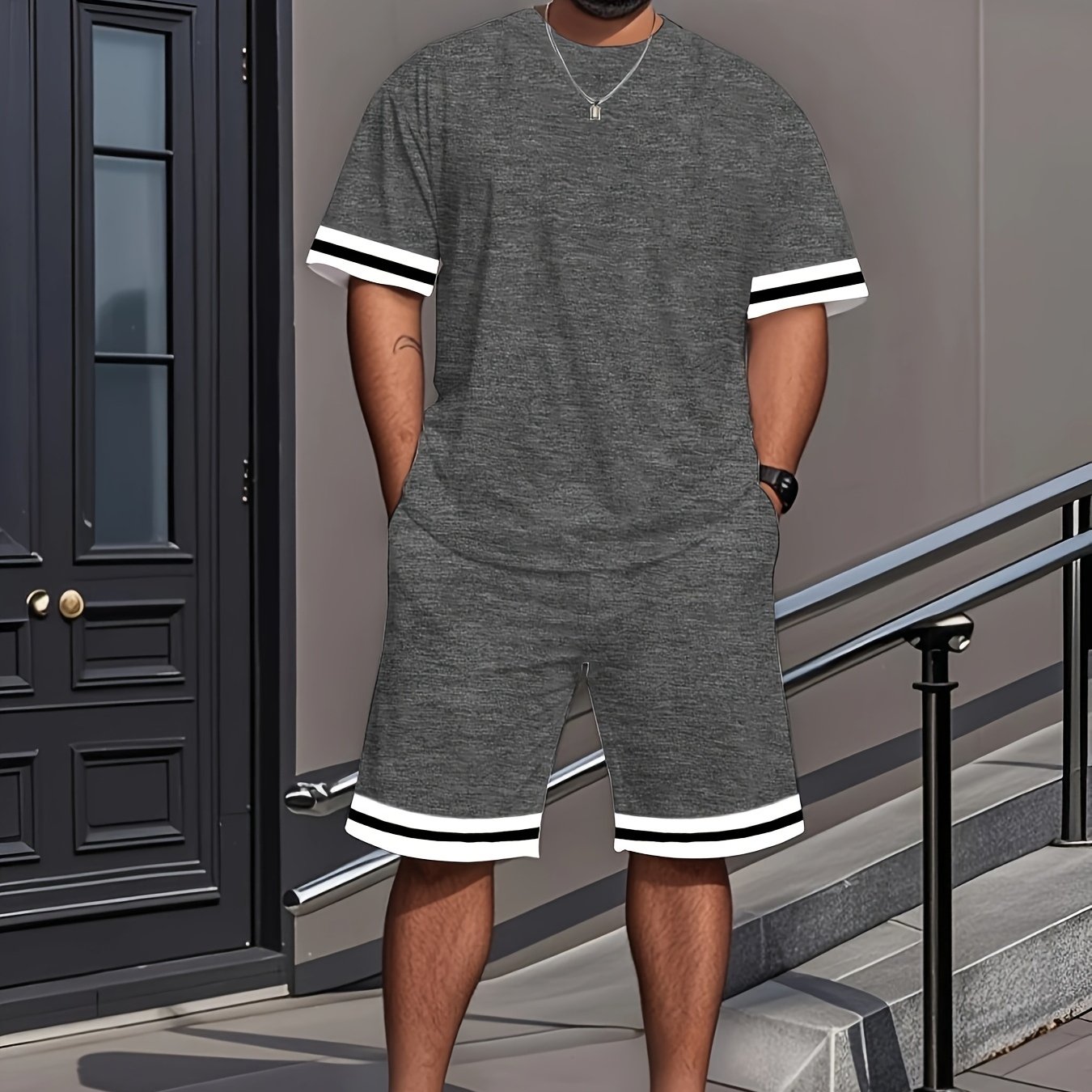 TEMU Round-neck Short-sleeve Shorts Set, With Striped Prints On The Cuffs And Hem, Plus-size Men's Home And Outdoor Sportswear, Made Of Slightly