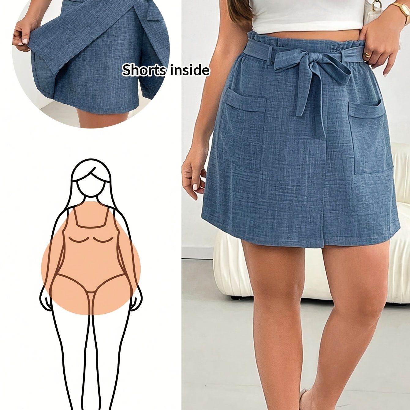 E-shop Plus Size - Plus Size - Plus Size Damen Frühlings- und Sommermode Lässig Locker Bequem Cool Leichter Stoff Elastischer Bund Blaue Shorts,