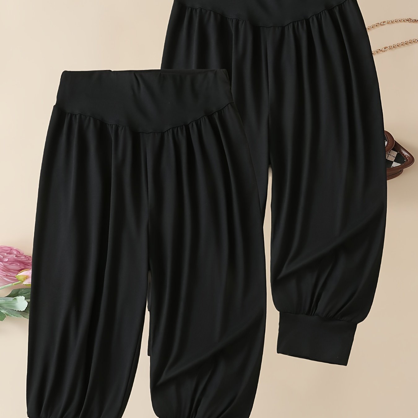 Image of 2pcs Women's 7/8 Harem Pants - Casual Sporty Stretch Polyester, Ruched Waist, , Suitable For Casual Wear, Athletic Joggers, Yoga Pants, Spring/autumn Pants | Smooth Fashion Pants | Glossy Fabric Pants