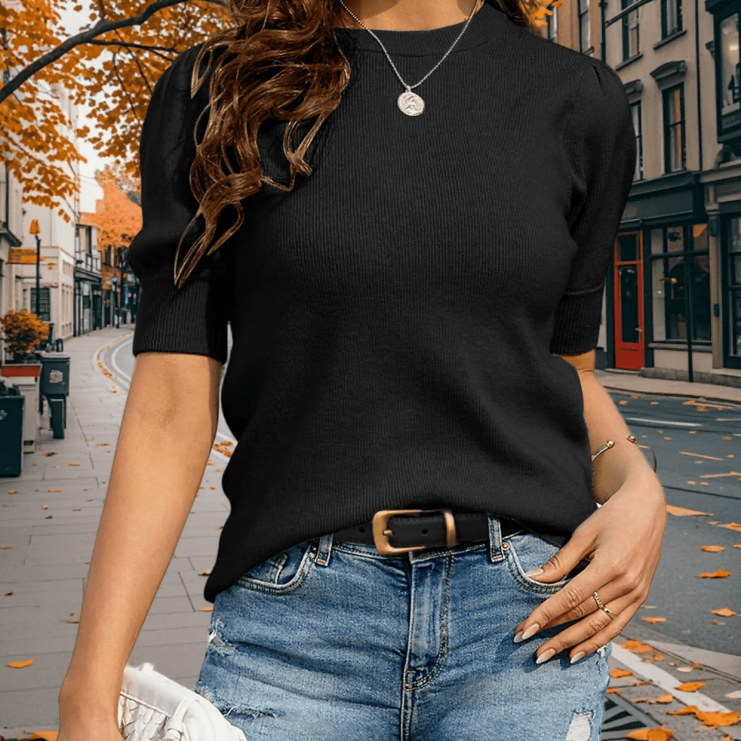 Women's Loose Casual Solid Ribbed Top | Spring Summer Puff Short Sleeve V Neck Sweater