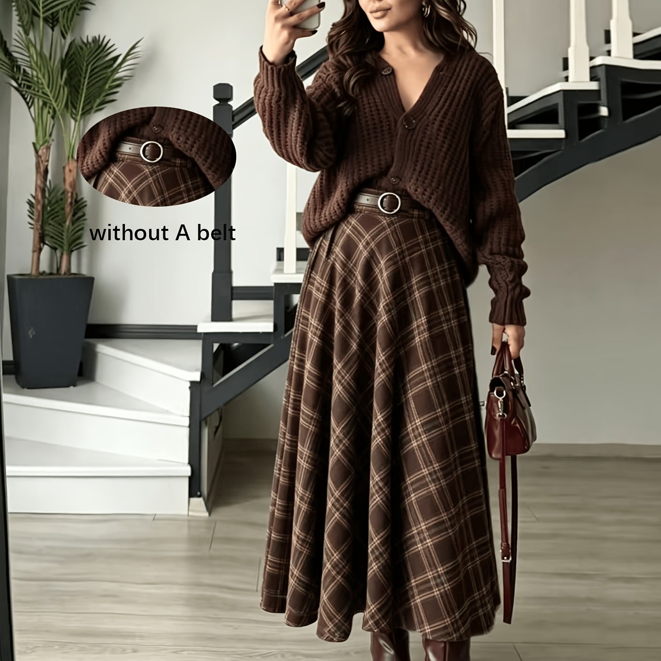 TEMU Women's Plaid A-line Skirt, Fashionable And Versatile Elegant Design, Loose-fitting And, Belt Not Included