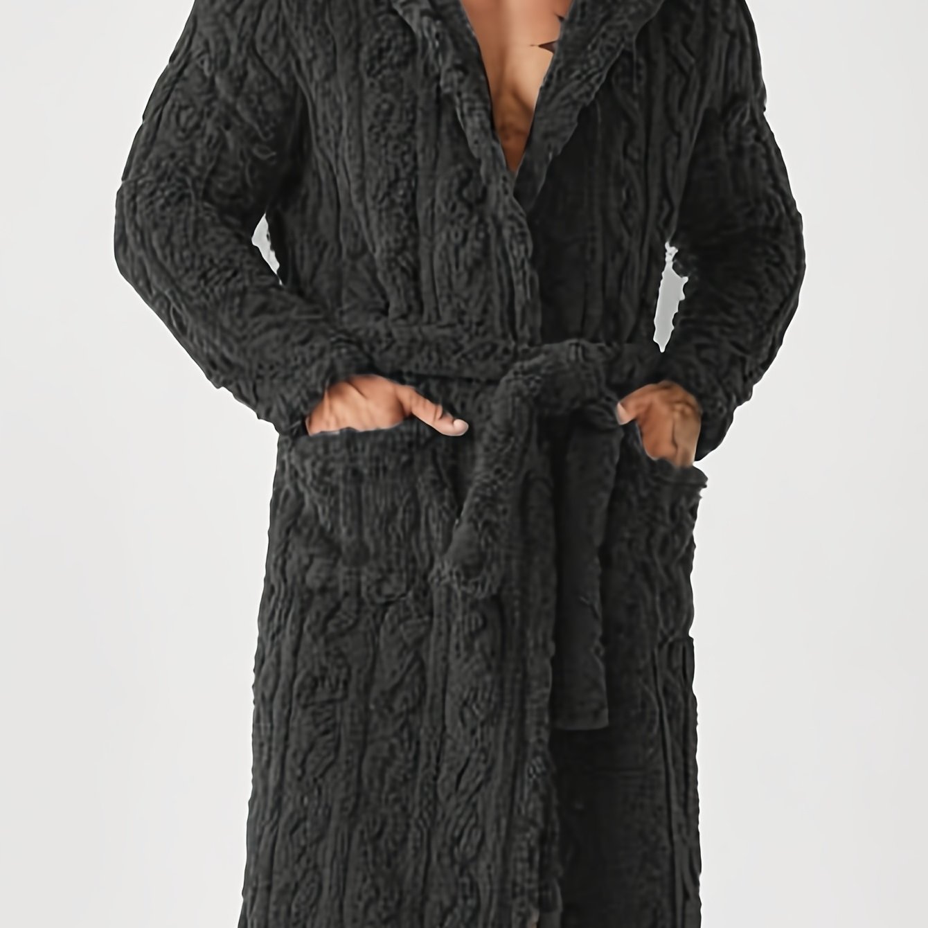 TEMU 1pc Men's Textured Pocket Drawstring Hooded Bathrobe