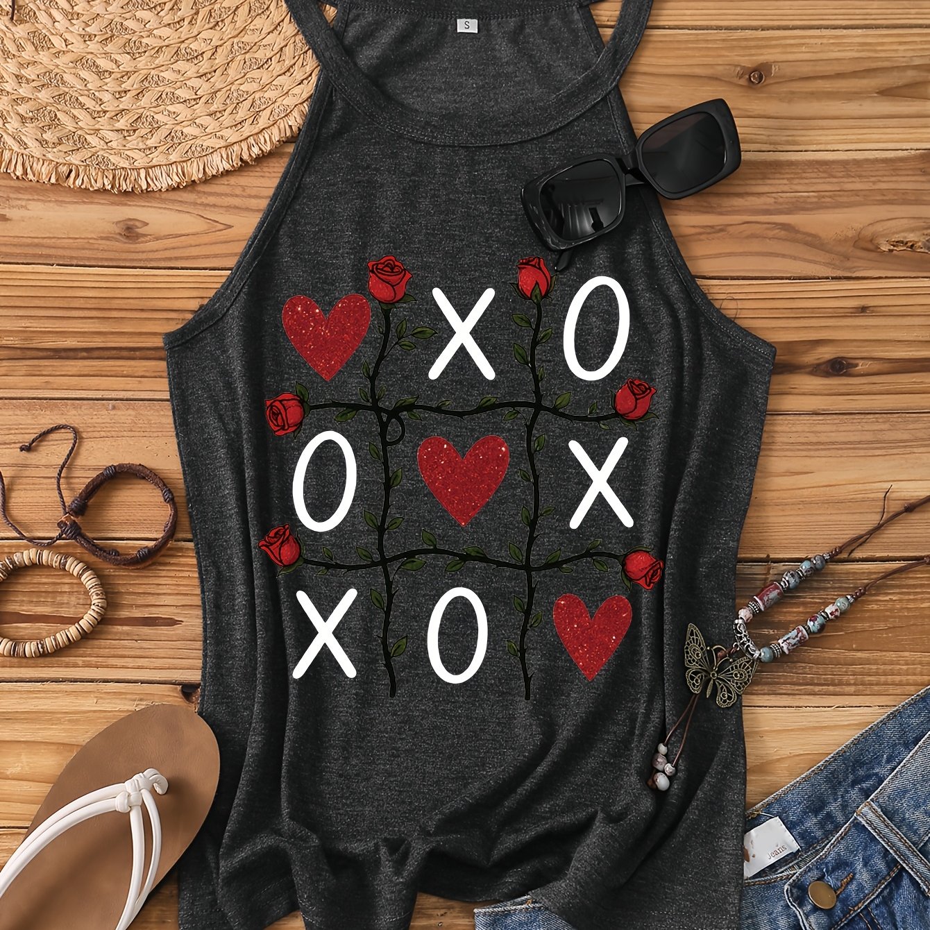 TEMU Summer Trendy Casual Cute Xo Heart Printed Women's Fashion Round Neck Tank