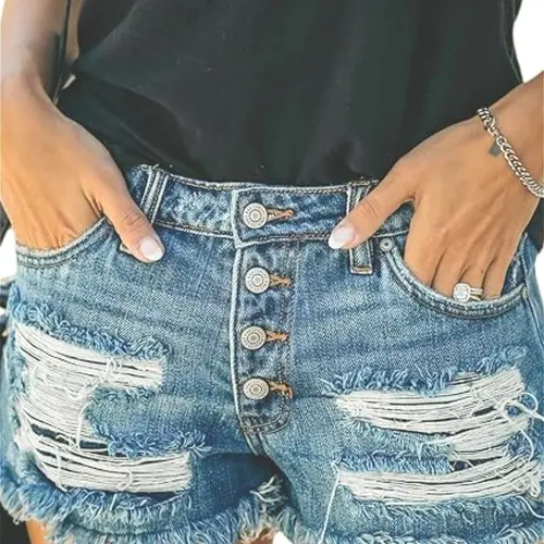 womens distressed denim shorts with hem multiple button fly casual light blue summer jean shorts handmade ripped detailing for casual attire warm weather clothing midrise shorts denim shorts