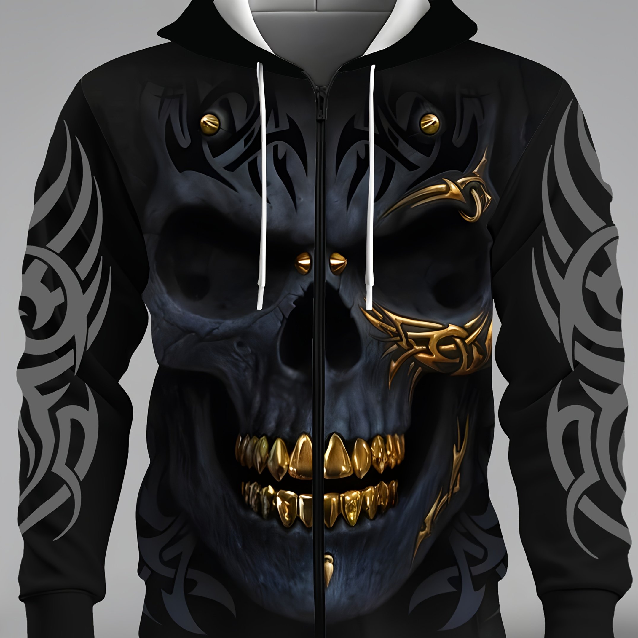 Men's Fashion Casual Novelty 3d Skull Head Pattern Print Zip Pocket Sweatshirt, Plus Size, Halloween