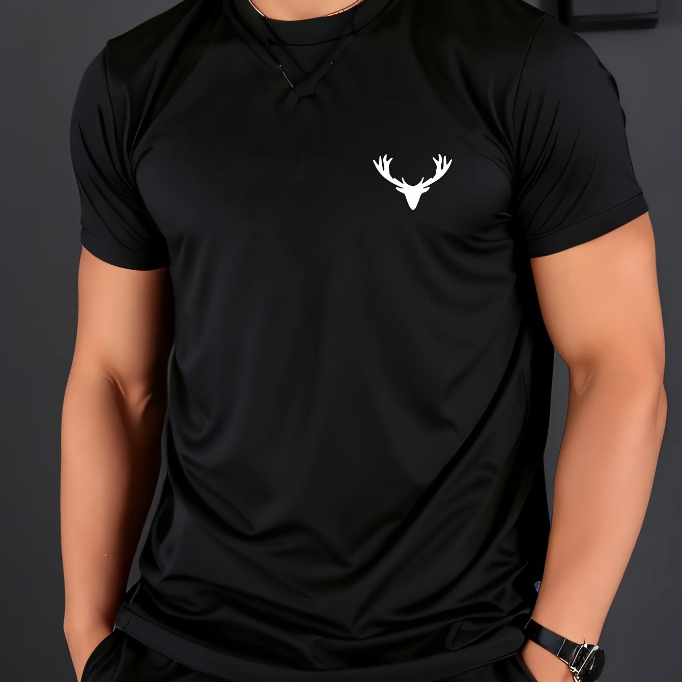 TEMU Men's Casual Short Sleeve T-shirt With Minimalist Left Chest Deer Silhouette Print - Breathable Regular Fit Round Neck Tee For Gym, Outdoor &