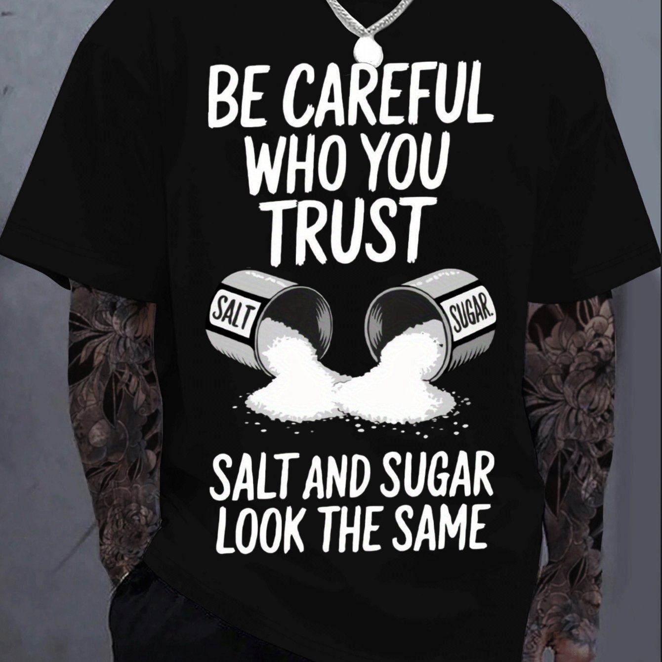 TEMU Black "beware Of You , Salt And Sugar " Graphic T-shirt- Unisex Casual Round Neck Short Sleeve T-shirt, Soft, Breathable And Comfortable Loose