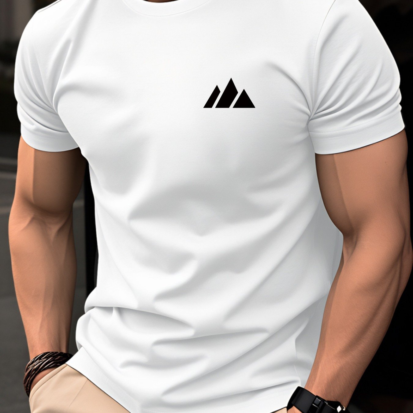 Men's 100% Slim Fit T-shirt - Breathable Short Sleeve Round Neck Summer Top With Minimalist Black Geometric Triangle & Suitable For Casual Wear, Layering, -casual Outfits - Non- For Daily Use