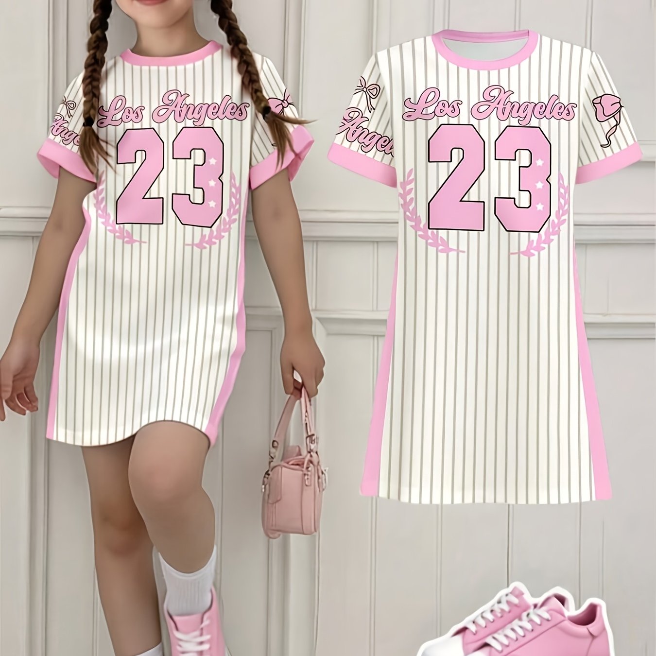 E-shop Lässiges Mädchenmode Digital Gestreiftes Slogan- und Buchstaben-Print Kurzarm T-Shirt Kleid, Mädchen Sportbekleidung Baseball Outfit Kleidung