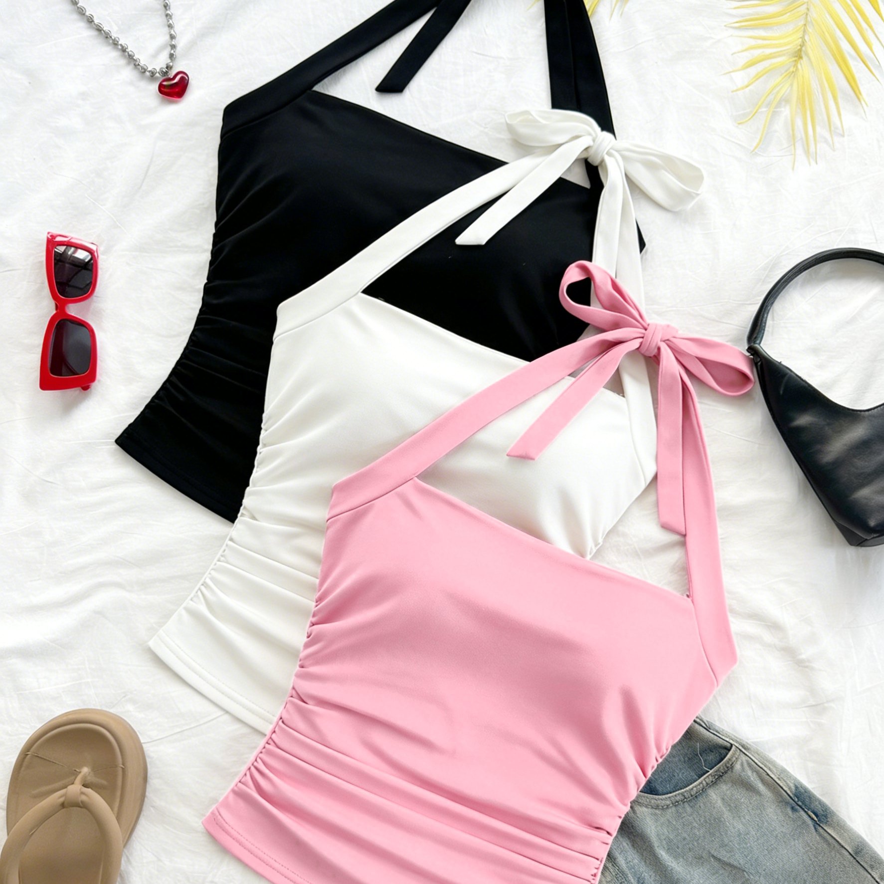 TEMU Summer Essential Halter Neck Crop Tops - Three-pack Ruched Tank Tops, Perfect For Beach And Casual Attire