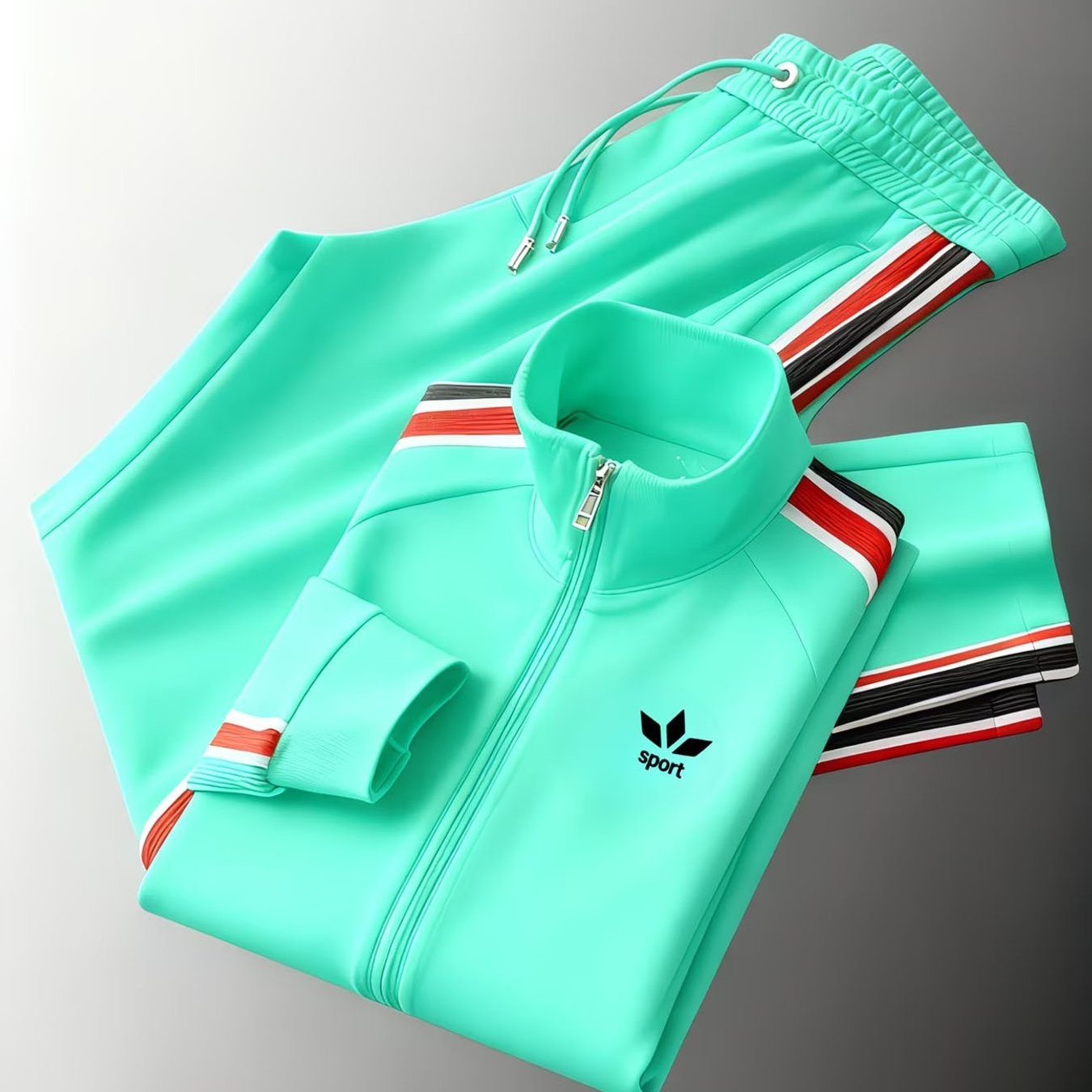 Green Striped Men's Athletic Tracksuit Featuring A Collar, Full Zip Jacket, And Drawstring Waist Pants, Perfect For Casual Wear And Daily Activities