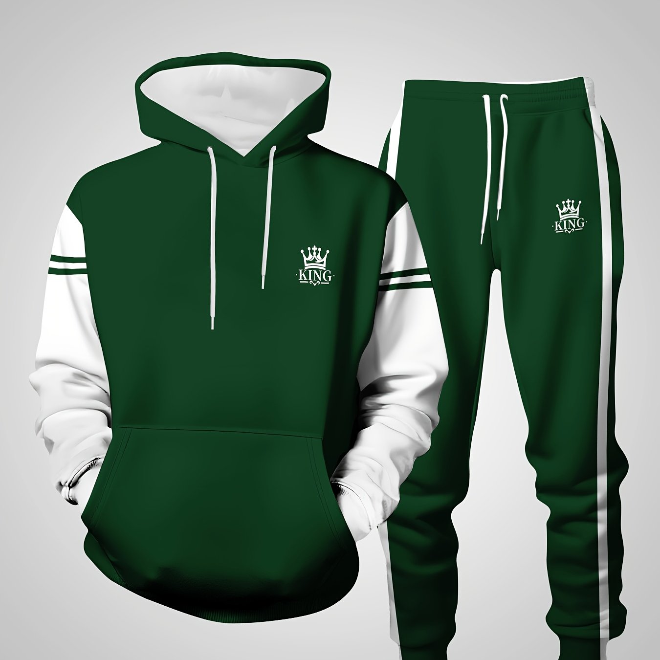Image of Men's Stylish Hoodie And Sweatpants Set, Trendy Outdoor Green Sweatshirt With White, Two-piece Outfit For Travel