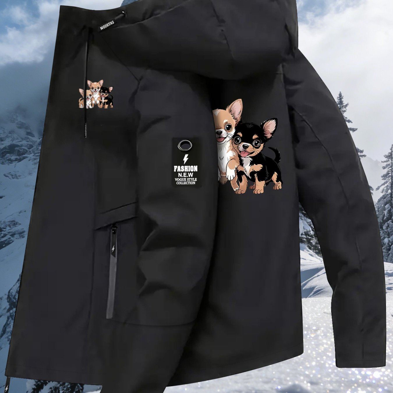 TEMU New Unisex Jacket, Chihuahua , Cute Cartoon Pet Style, -themed Graphic Print Long Sleeve Zipper Pocket Hooded Jacket, Lightweight And Warm
