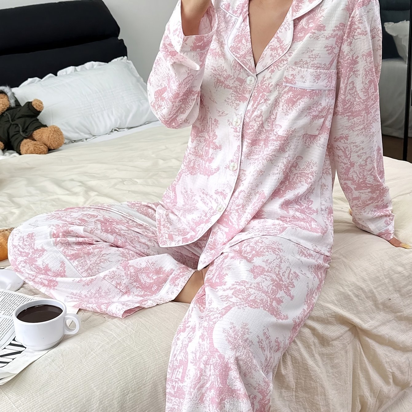 TEMU Rosyslumber Women's 2pcs Set, Printed, Open Front Cardigan Neckline, Pink, Long Sleeve Top And Long Pants Suit