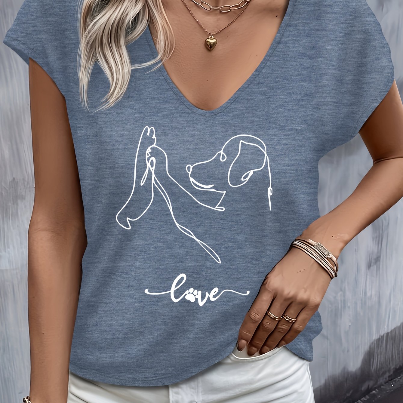 TEMU Maglietta Casual da Donna con Scollo Stampa di Cane & Scritta 'Love' - Tessuto Traspirante Media Elasticit�, Vestibilit� Regolare Lavabile in