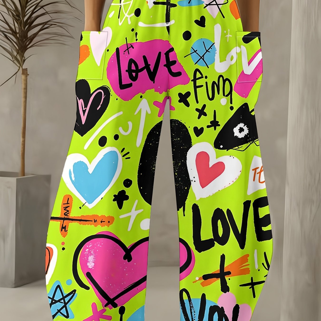 TEMU Women's Wide-leg Pants Neon Green Graffiti Style Print Street Trendy Casual Loose Pants