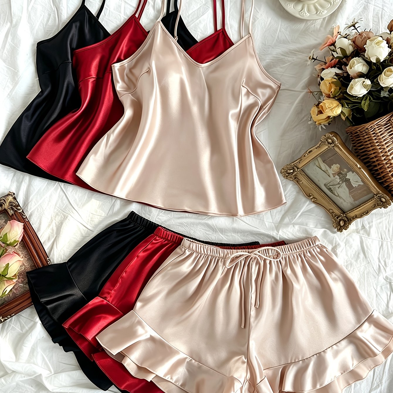 TEMU Conjunto de pijama de 6 piezas para mujer - fruncidas con cuello en V , ropa de dormir casual de color sólido, comodidad para todas , varios