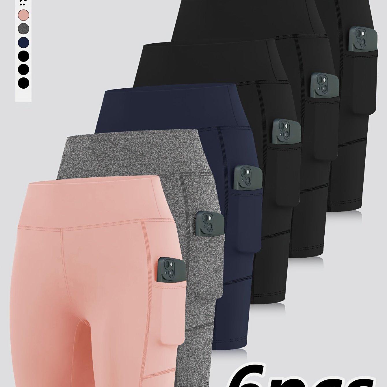 Image of Middle East-targeted 6pcs Set, /summer Style, 5-panel Sports Shorts With Waist And Tummy Control, Casual Yoga Base Layer, Outer Wear, Cycling Shorts With Side Pockets