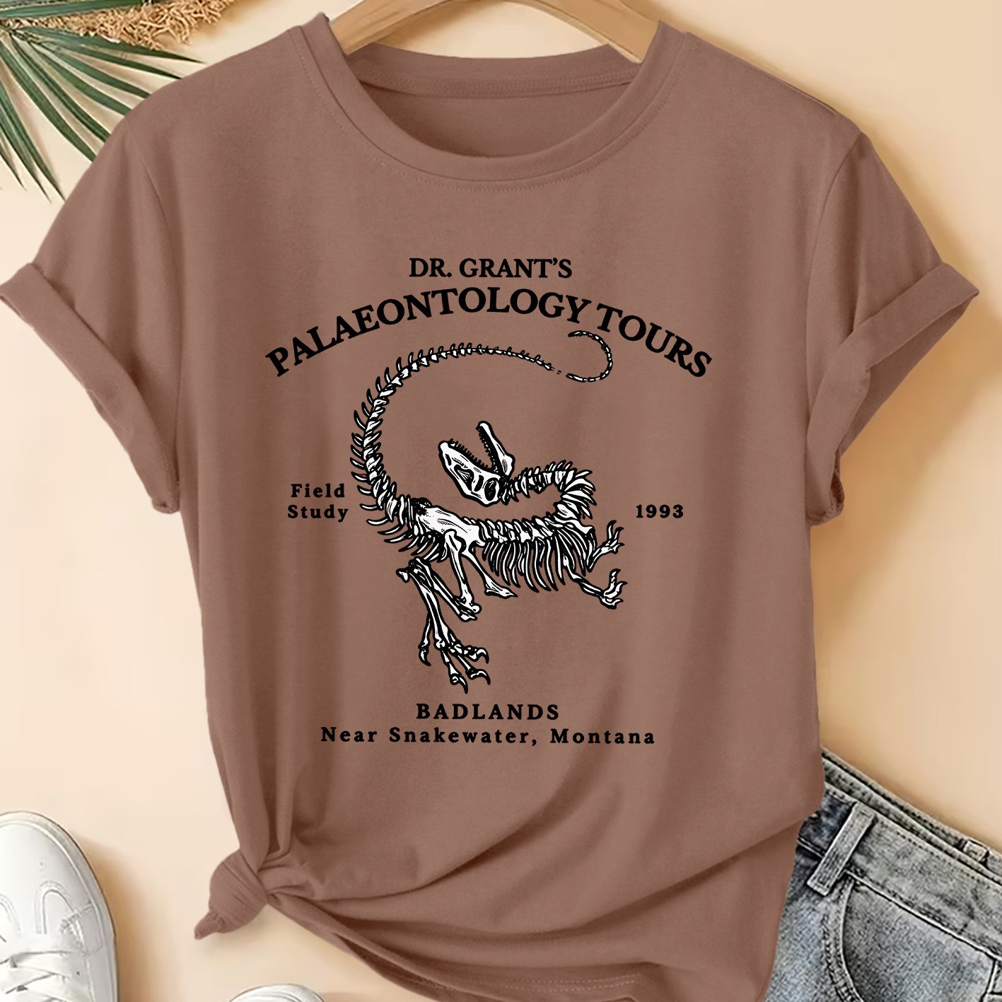 TEMU Women's Summer Apparel Dinosaur Skeleton Palaeontology Tours Printed Crew Neck Short Sleeve Plus Size Friendly Women's T-shirt, Fashionable