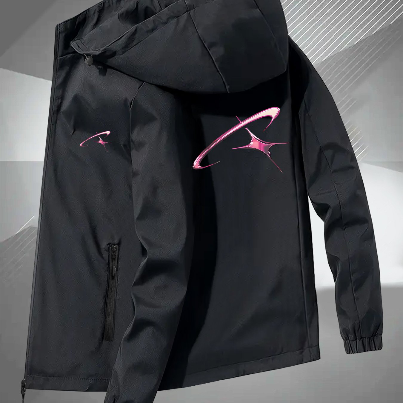 TEMU New Unisex Windbreaker Jacket With Pink Abstract Pattern Print, Windproof And Breathable Outdoor Mountaineering Wear For Couples, Suitable For