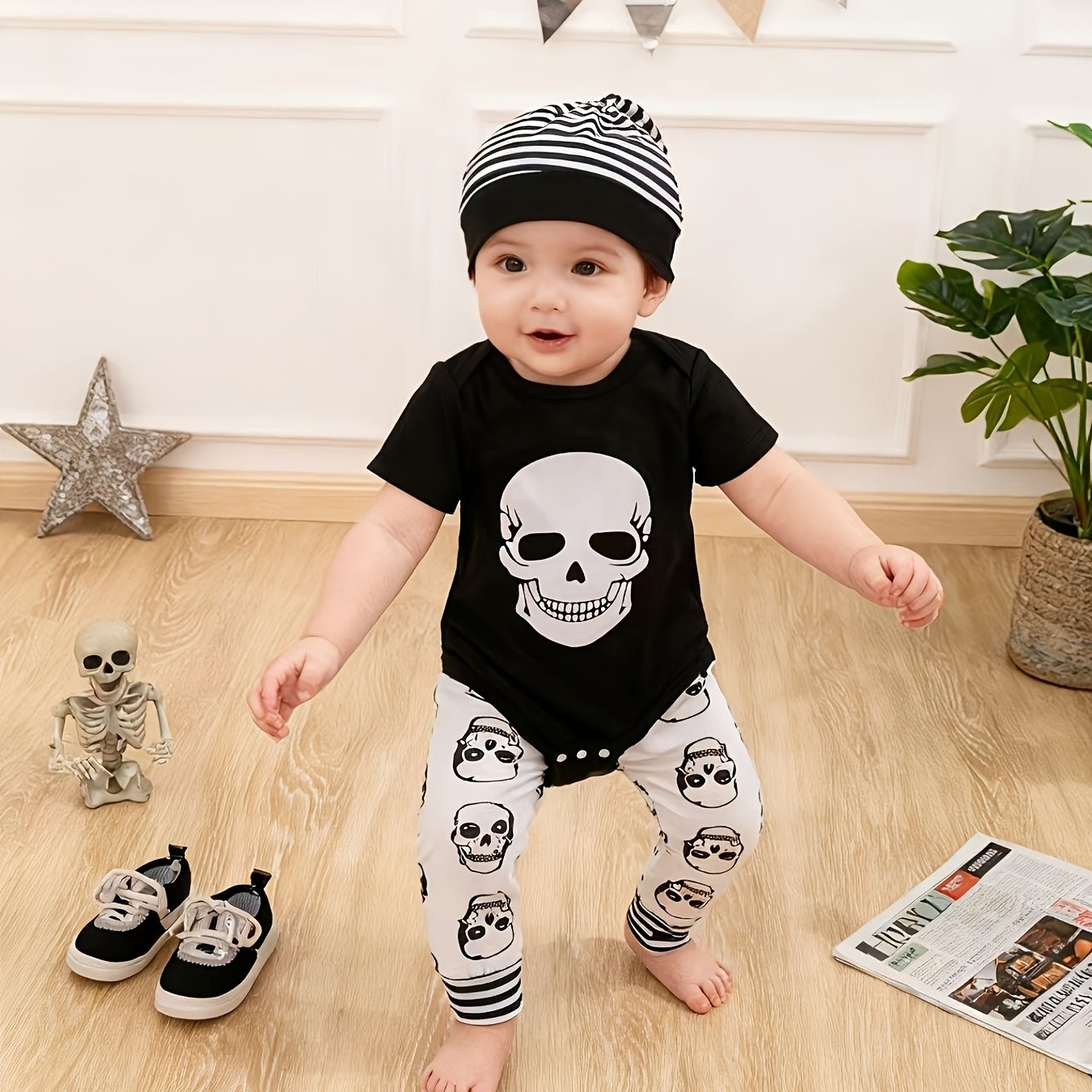 Image of Newborn Boy Skull Print Short-sleeved Jumpsuit + Skull Pants + Hat 3pcs Set Suitable For Infants And Young Children Halloween, For Outdoor