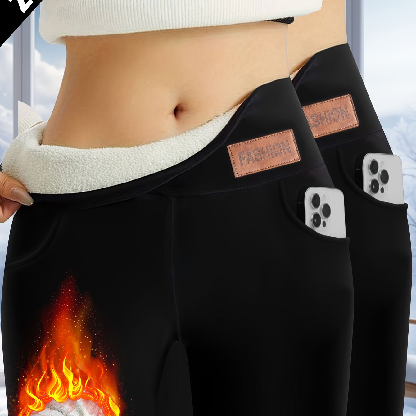 TEMU 2pcs Autumn/winter Women's High-waist Fashion Brand Fleece-lined Fleece Leggings With Pockets - Soft, Warm, Casual, Fitness, High-elasticity