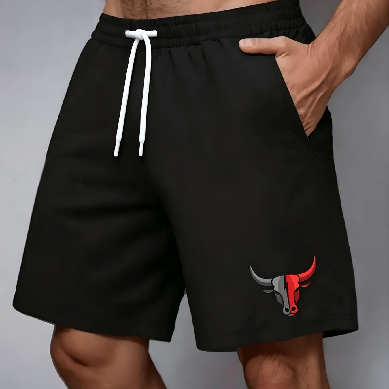 TEMU Men's Large Black Shorts With Stylish And Lightning Design - Men's Casual Drawstring Shorts, Comfortable Non-stretch Fabric, Casual Wear |