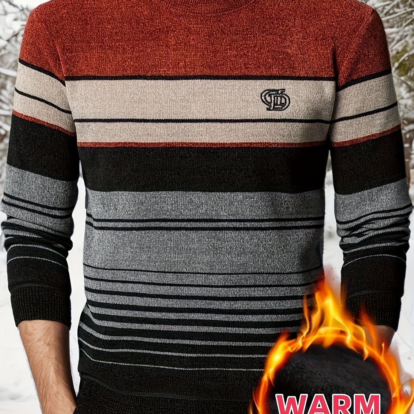 Men's Fashion Striped Sweater With Letter Embroidery, Color Block , Outdoor Sports Crew Neck Top, Winter -lined Warm Medium Stretch Casual Pullover Knitwear, (obm)