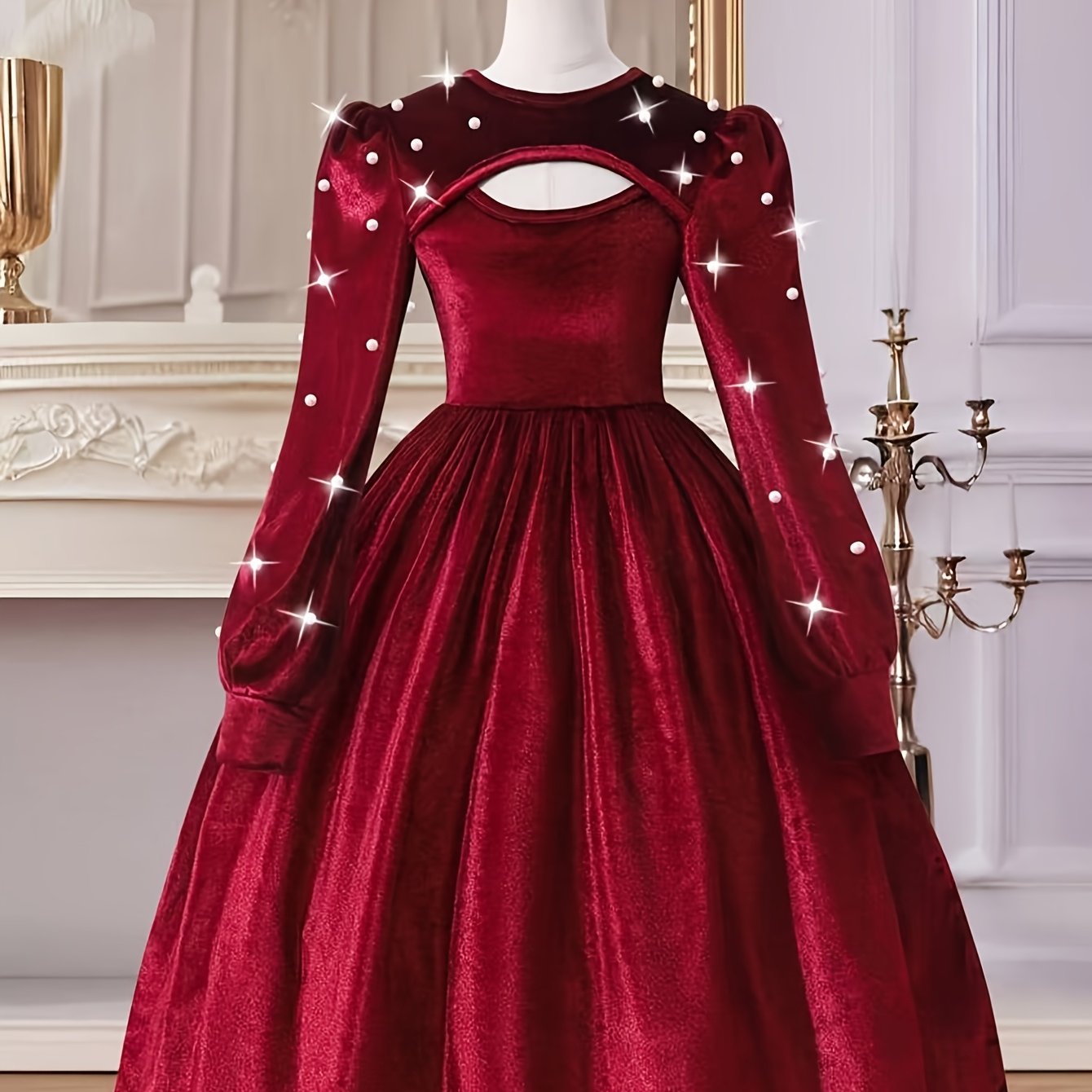 Image of Girls' Puff Sleeve A-line Midi Dress, Vintage Elegant Velvet Pearl Embellished Cut-out Round Neck Puff Sleeve High-waist A-line Dress, Suitable For Parties, Valentine's Day, New Year Style