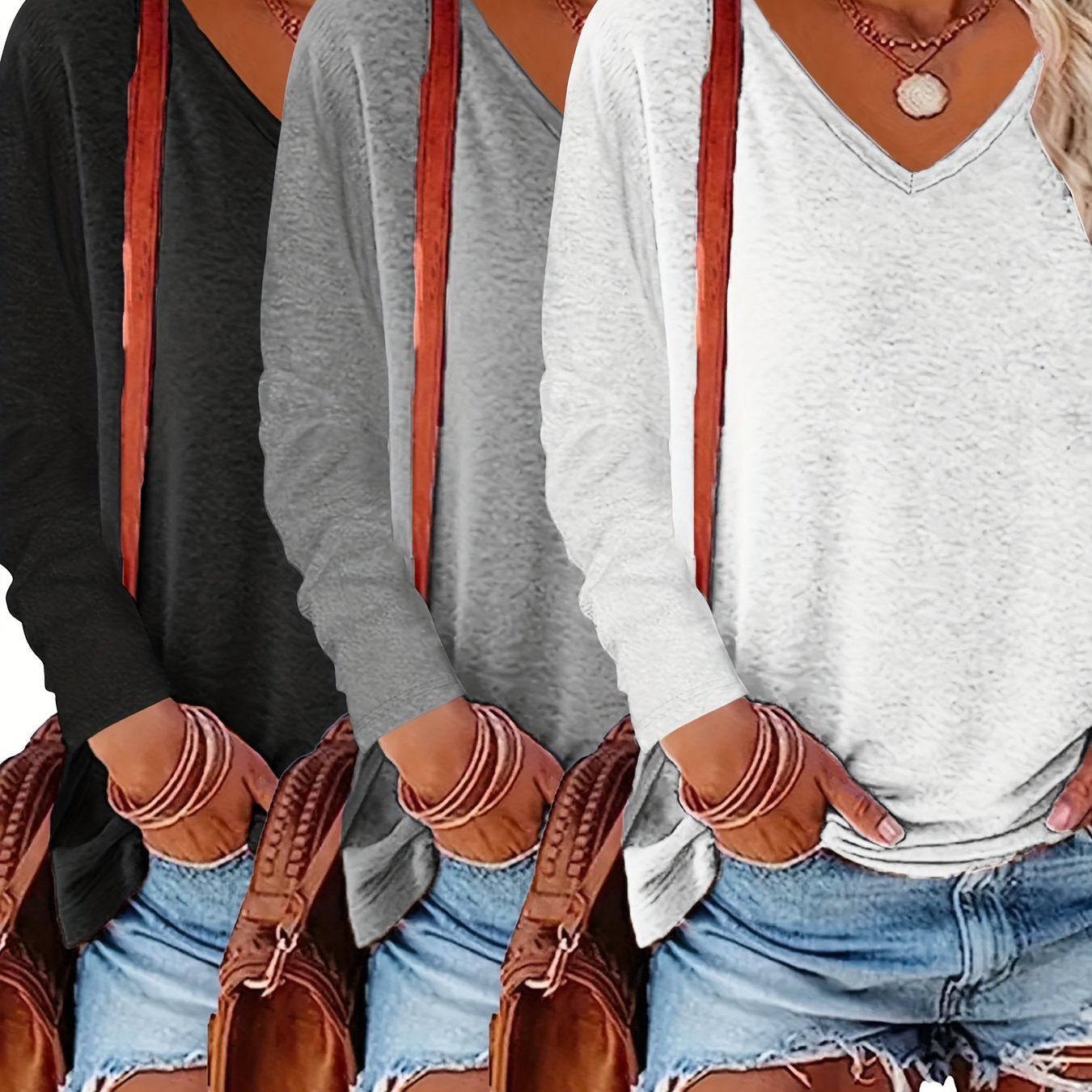 E-shop 3er-Pack einfarbige Langarm-Freizeitoberteile mit V-Ausschnitt lockerer Passform, Langarm-T-Shirt als Unterlage für Frühling/Herbst,