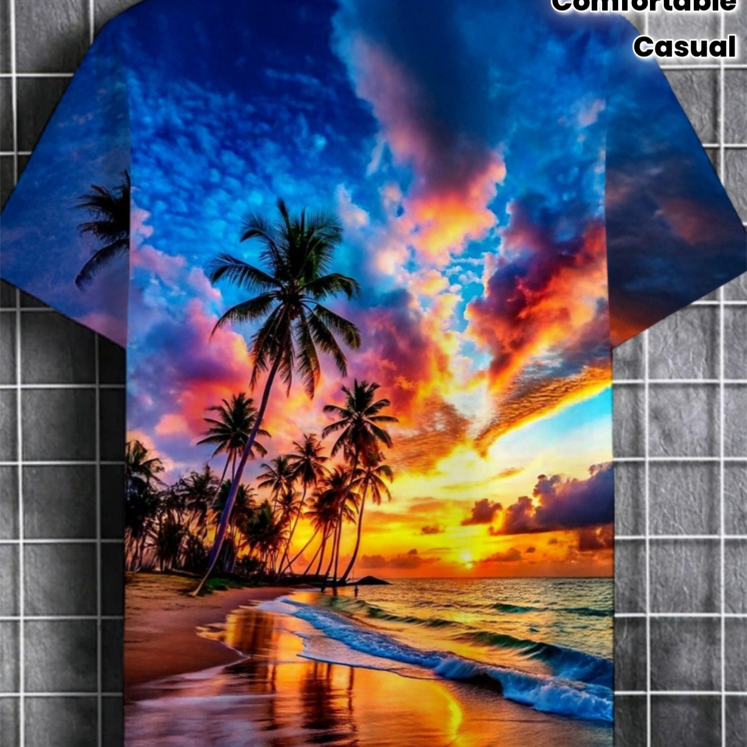 TEMU Men's Beach Print T-shirt - Soft, Lightweight, Comfortable Fabric, And Orange Design, Short Sleeve Casual Summer Top, Suitable For Vacation, ,