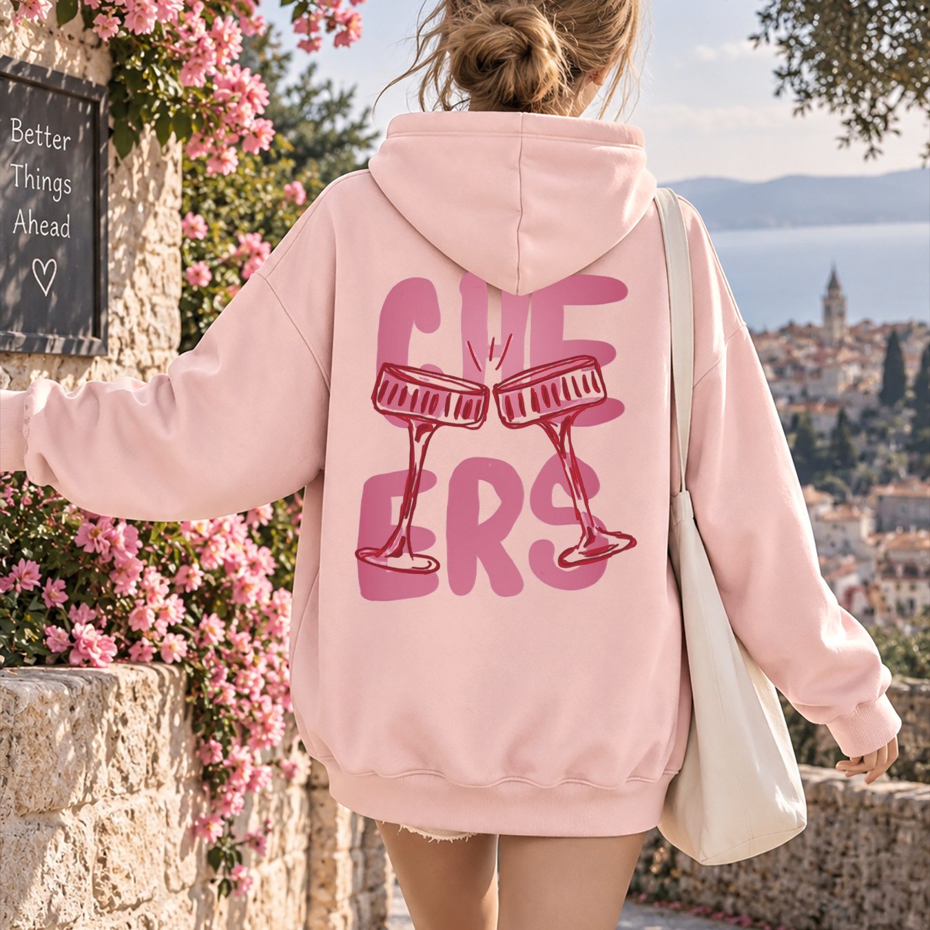 Image of Autumn Women's Fashionable Loose Drop-shoulder Hoodie With Cheers Text And Glasses Print, Casual Pocket Drawstring Pullover Jacket