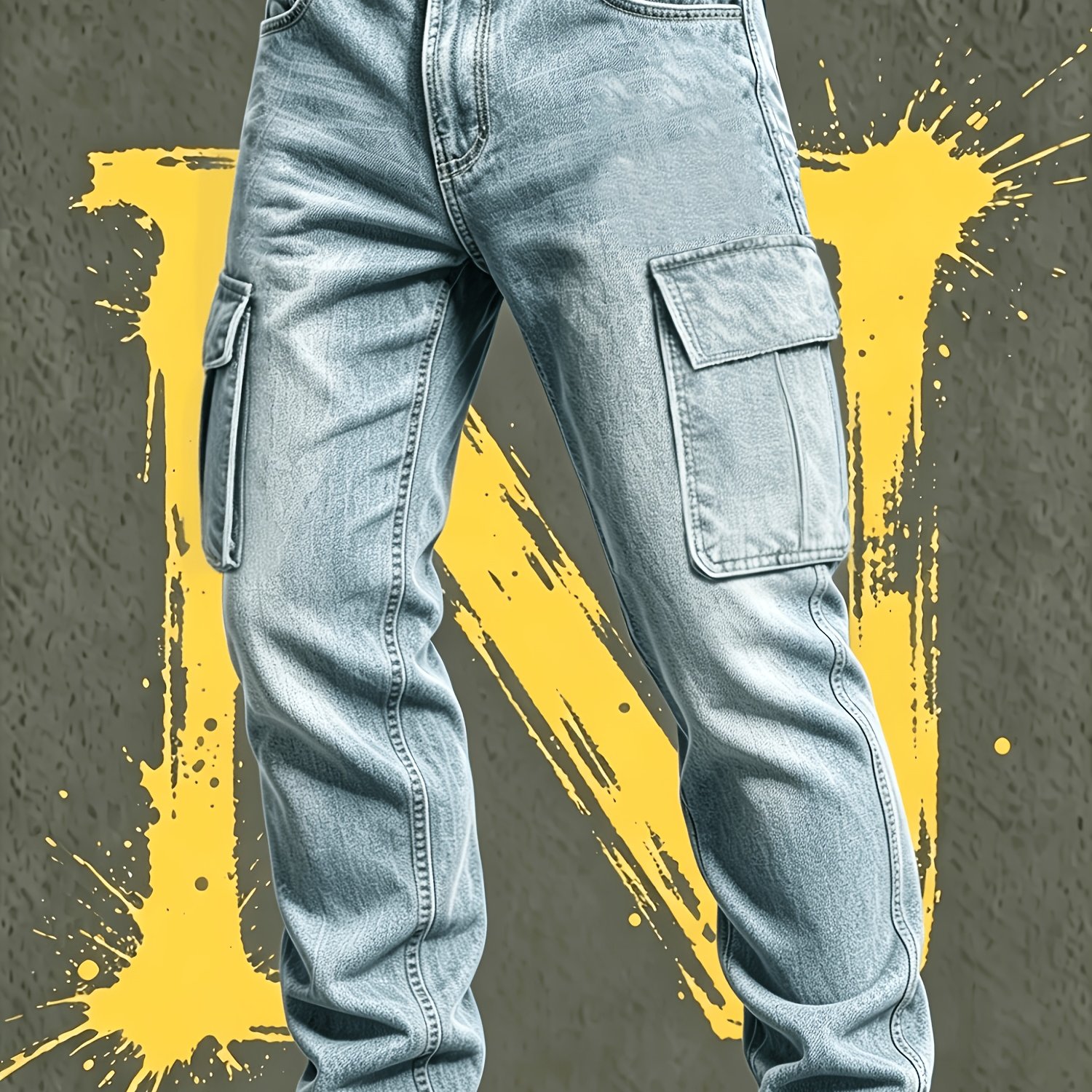 Image of Men's Workwear Jeans, Multi-pocket Casual Work Pants, Straight-leg Casual Pants, Street-style Trousers, Semi-elastic Waistband For , Jeans, Suitable For Daily Street Wear And Outdoor Activities.