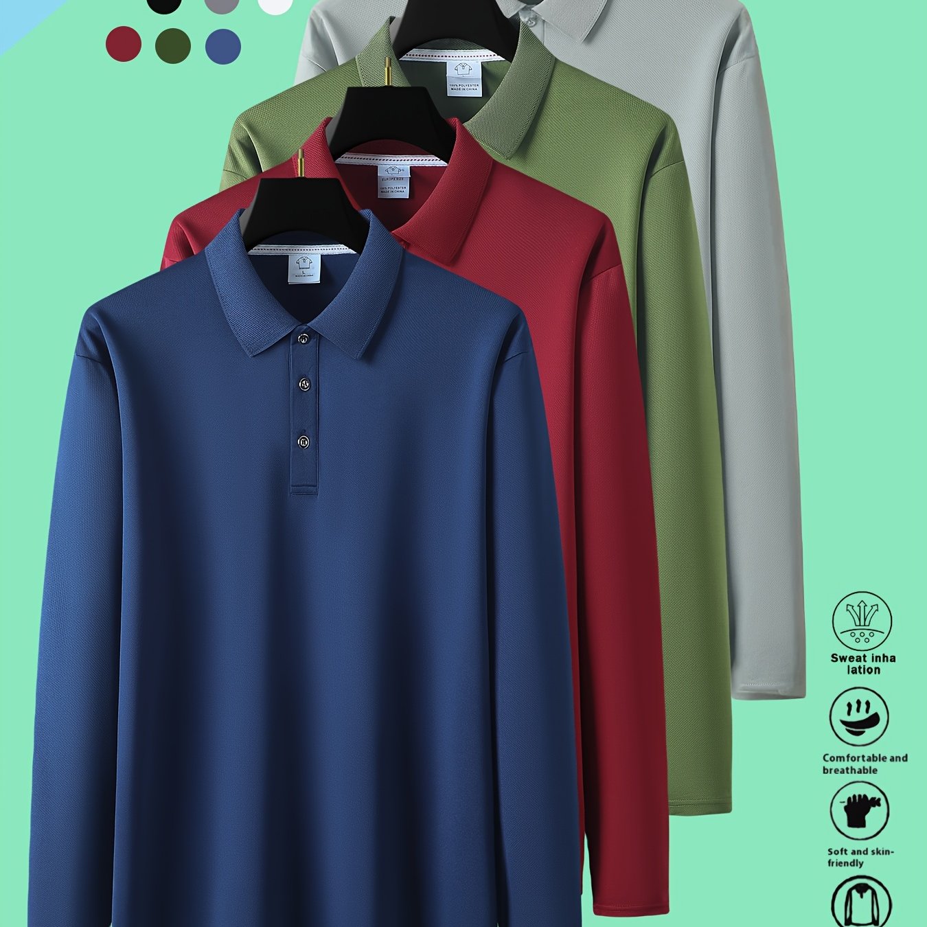 TEMU 4pcs Spring And Autumn Collar Men's Long Sleeve Shirt, Solid Color Light Plate Shirt, Casual Sportswear . Very Suitable For Travel And Work.