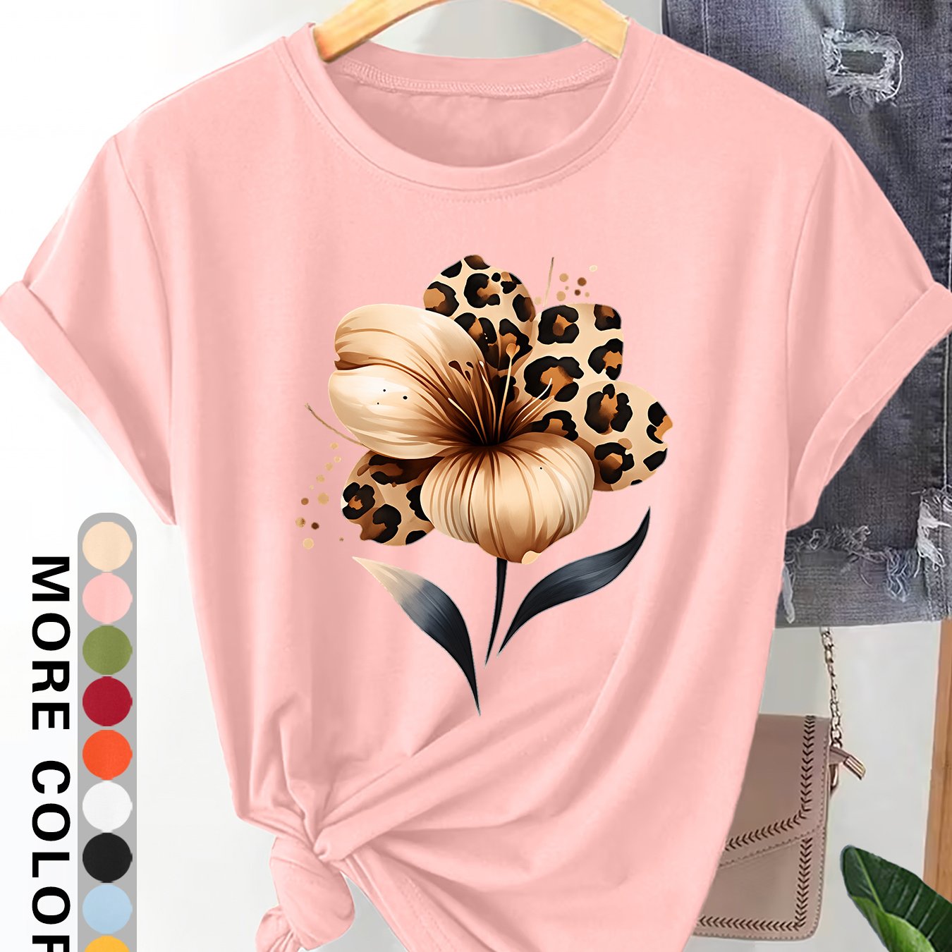 TEMU Women's Plus Size Leopard Lily Print T-shirt - Loose Fit Short Sleeve Crew Neck -compatible Top | Soft Breathable Suitable For Commuting,