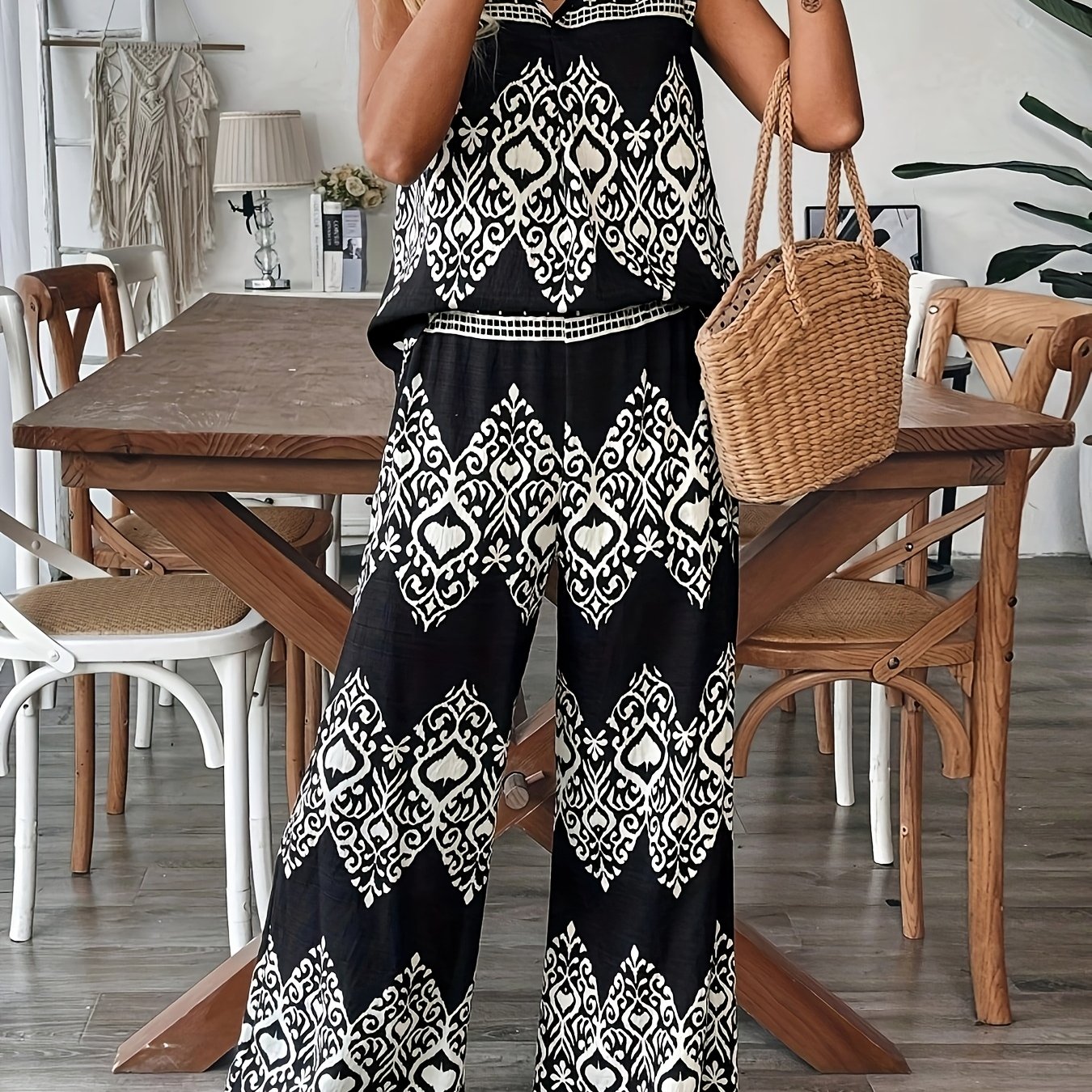 Yy0227786 Bohemian Printed Sleeveless Top And Wide Leg Pants Two-piece Set