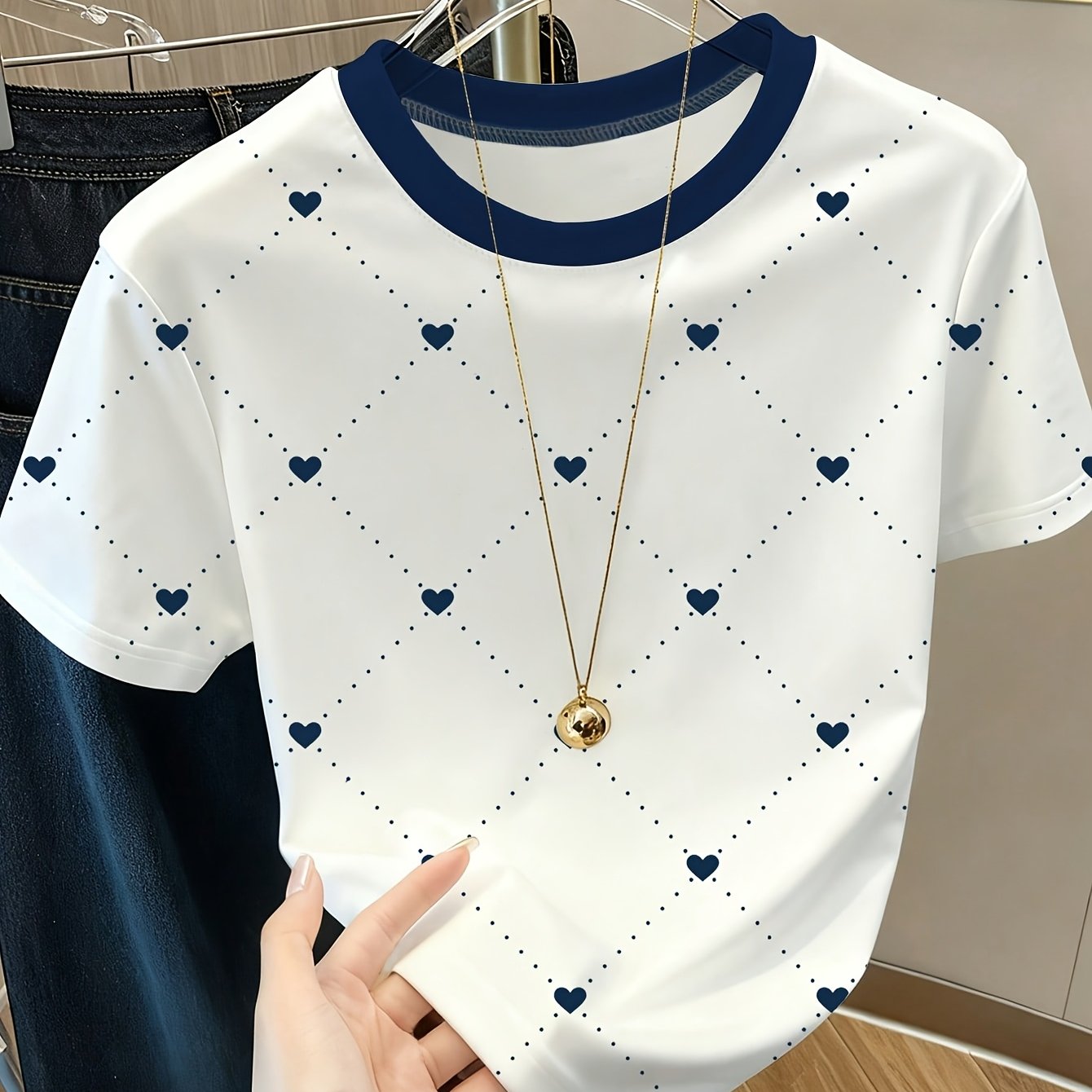 TEMU Women's Elegant Heart Print T-shirt With Color-block Collar - Suitable For - Casual & Dressy Wear, Medium Stretch Blouse-compatible Top (machine