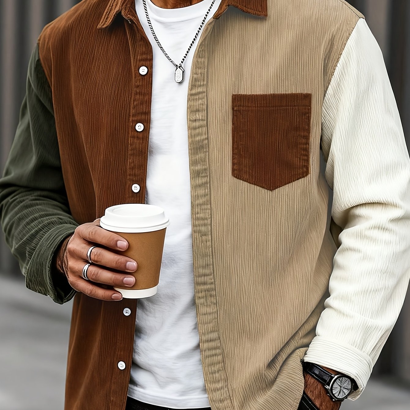 Men's Color Block Corduroy Shirt Jacket - Casual Long Sleeve With Chest Pocket, Button-up Collar, Beige & Brown, Polyester For Spring/fall