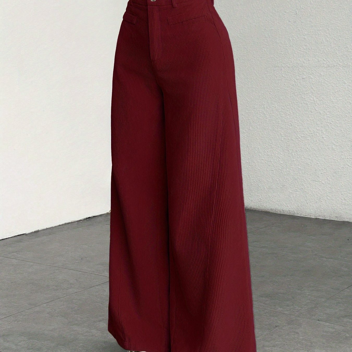 Pantalon large en velours côtelé taille haute pour femmes - Coupe décontractée et ample, couleur unie, confort toutes saisons, fausses poches, mode confortable | Style décontracté | Texture