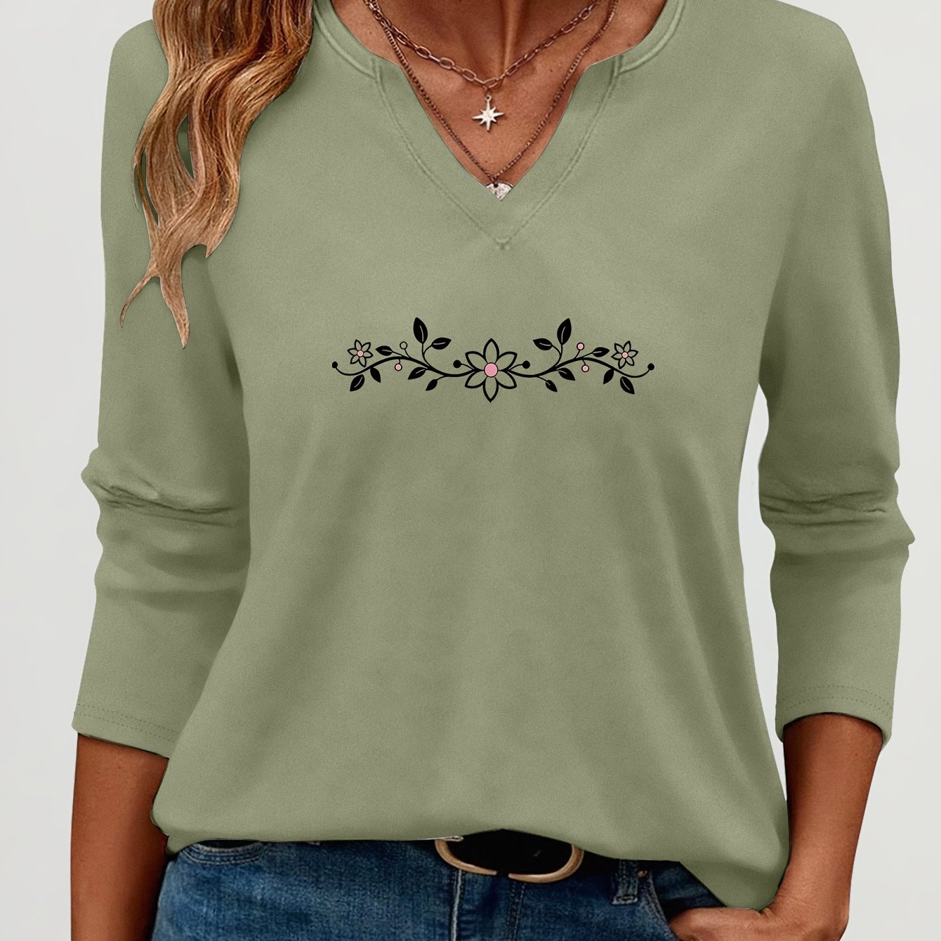 TEMU Easy Vine Floral Pattern Printed V-neck Three-quarter Sleeve Top, Casual Multifunctional, Soft Fabric, , Daily T-shirt