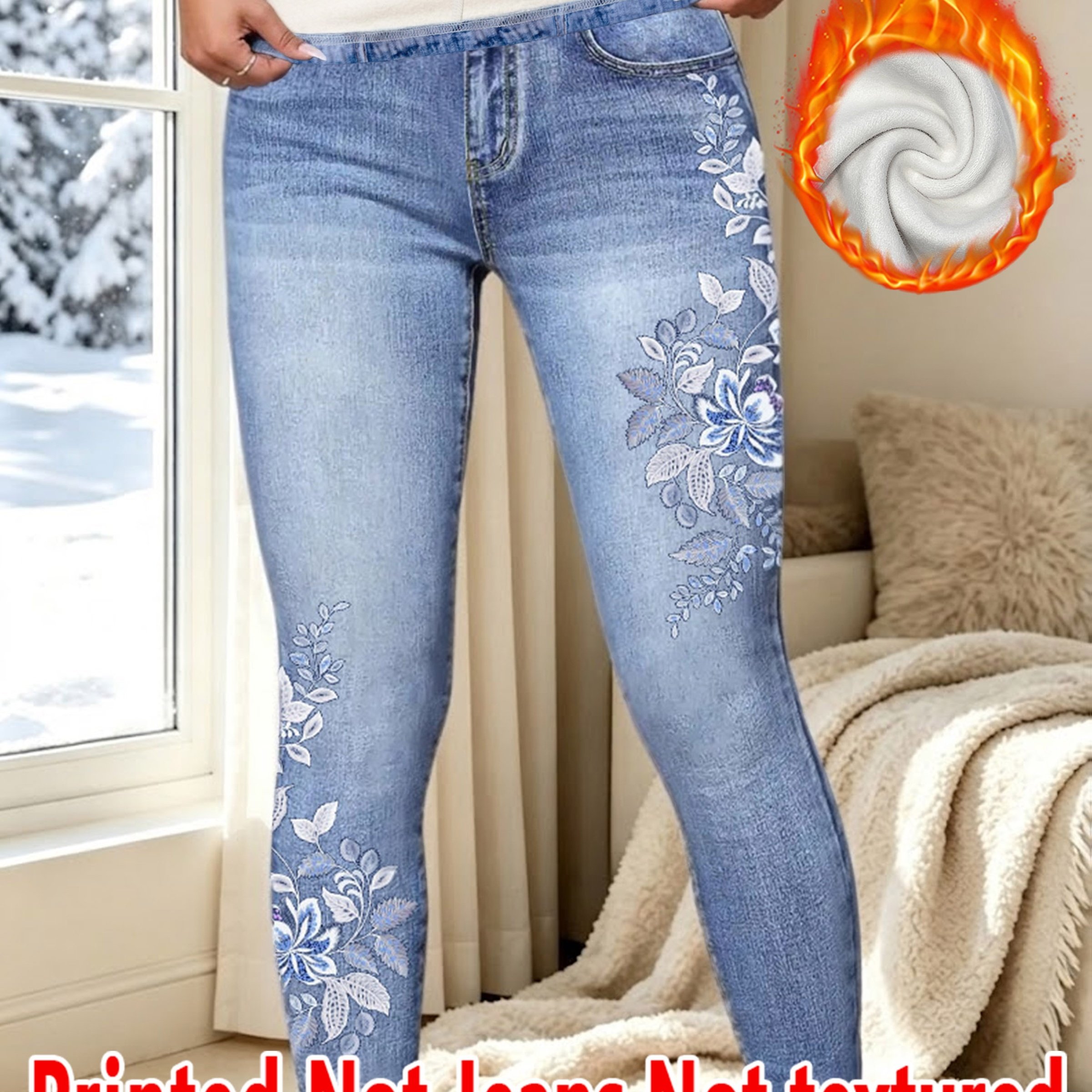 TEMU Leggings Imprimés - Pantalon de Cheville Faux Denim Femme Automne Hiver, Tissu Non Denim, Imprimé Floral Vintage, Très Extensible, Slim, Chaud,