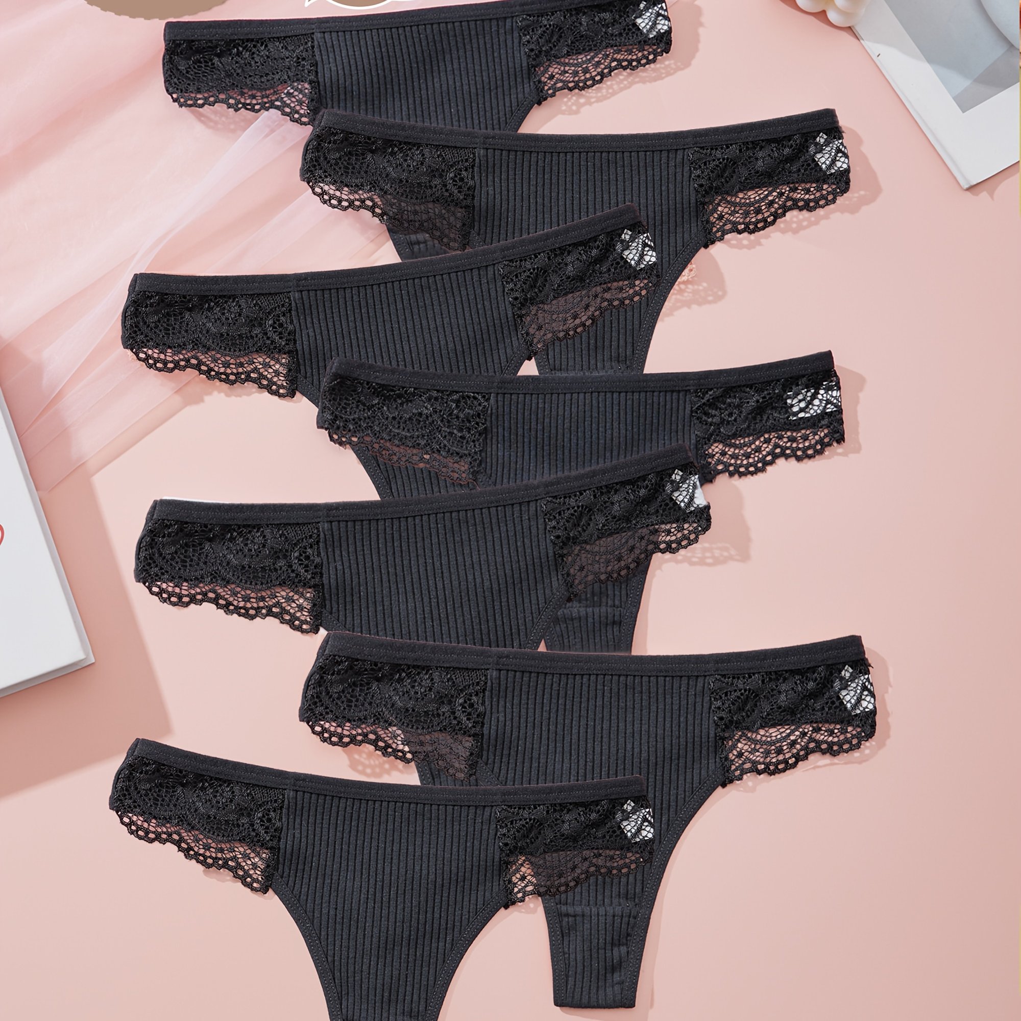 Image of 7pcs Women's Low-rise Thong Underwear - Semi-sheer Lace -string Panties, Solid Color (black) For Yoga, Daily Wear & All- - Elegant & Breathable Low-riser Bragas For Sensual