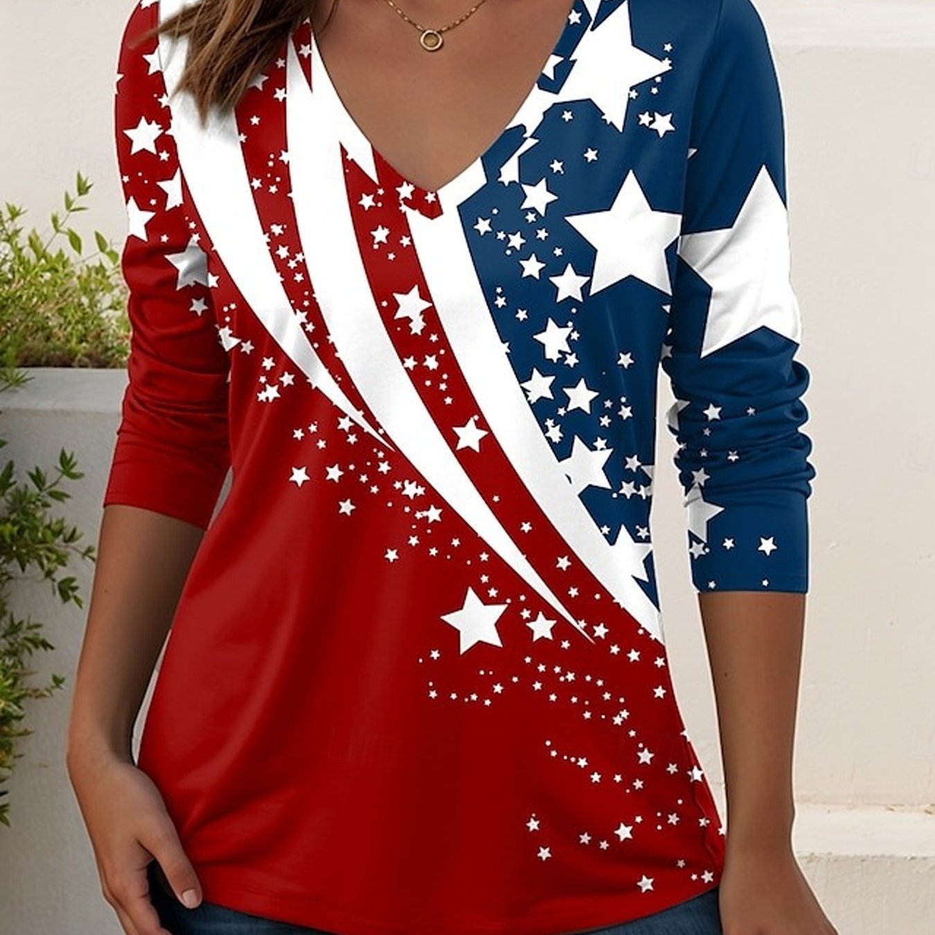 TEMU Plus Size - Plus Size - Oversized Women's Clothing, Women's Casual Shirt Long Sleeved Shirt American Day Red And White Diagonal Casual V-neck