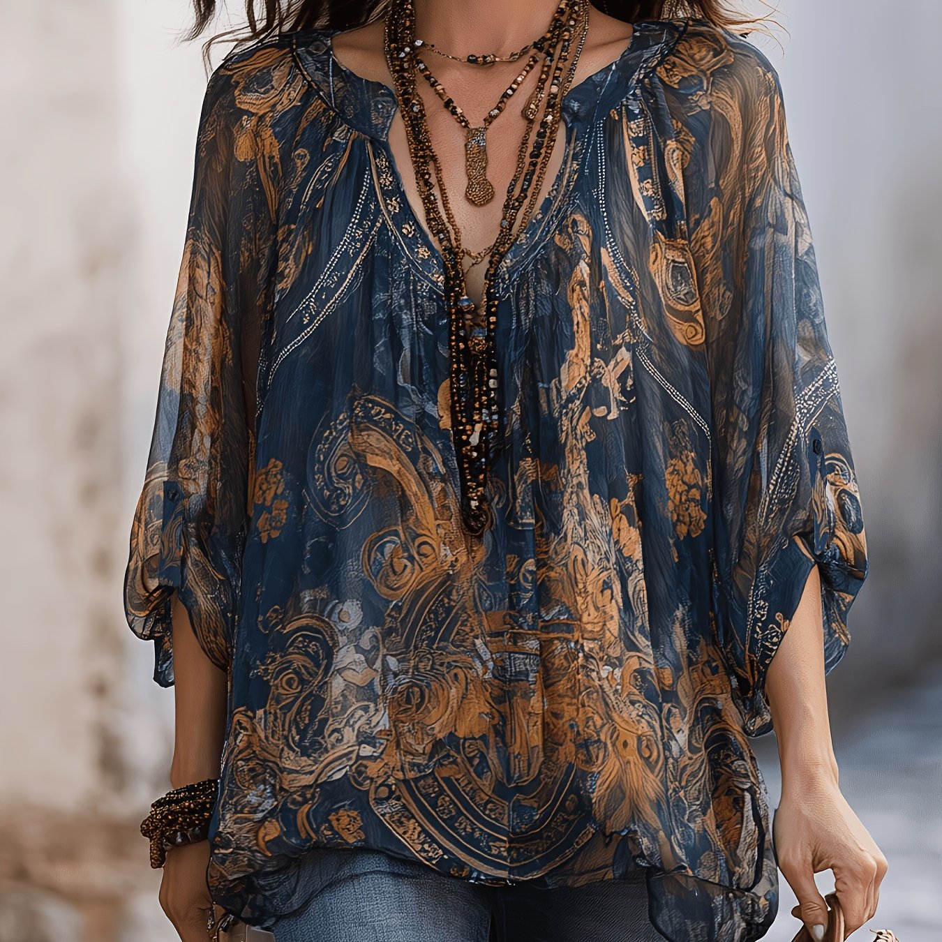 TEMU European And American Spring/autumn Women's Printed -neck Top