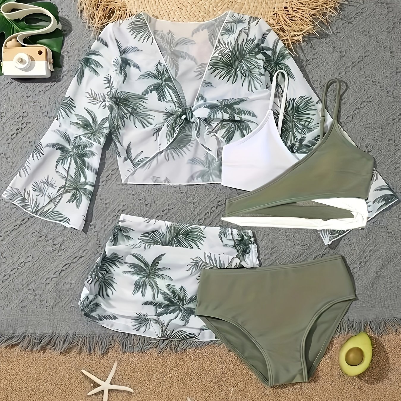 TEMU Coconut Trees Print 4 Piece Set Bikini, Layered Top & High Cut Panty & Long Sleeves Cover Up Shirt & Skirt Swimsuits, Women's Swimwear & Clothing