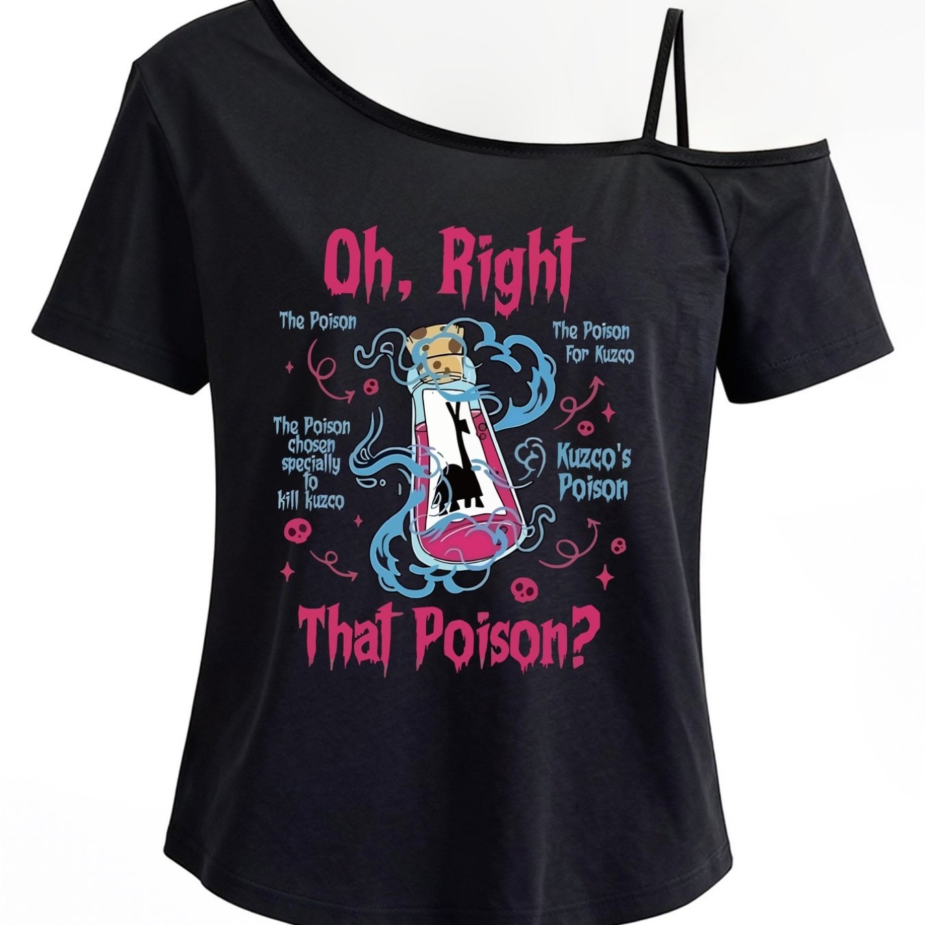TEMU One-shoulder Short-sleeve T-shirt, Kuzco Poison, Oh Right, That Stylish Top With Poison Print, Slanted Shoulder Strap, Sexy Off-shoulder Fashion