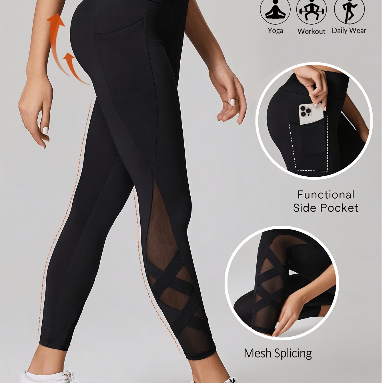 Image of Women's Black Mesh Paneled Leggings, High-waist Tummy Control Workout Yoga Running Tights, Women's Athletic Pants