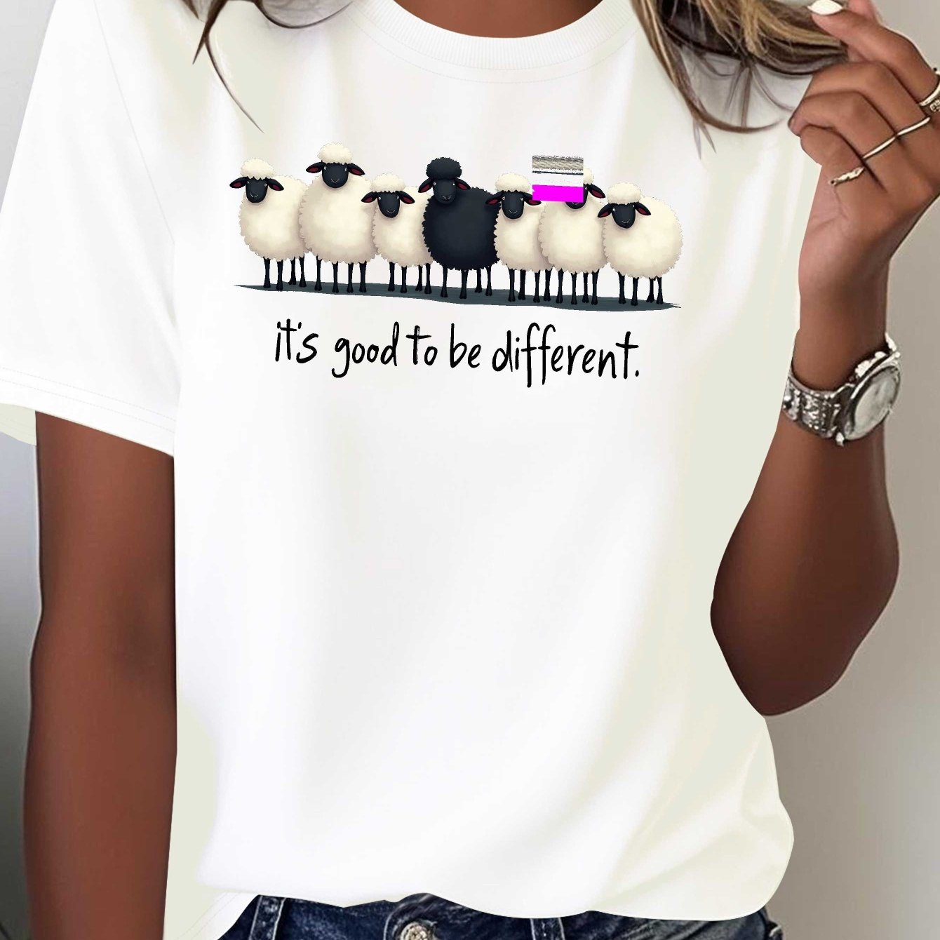 Image of Plus Size, Sheep Different 's Printed T-shirt Comfortable And Versatile Casual Short Sleeves