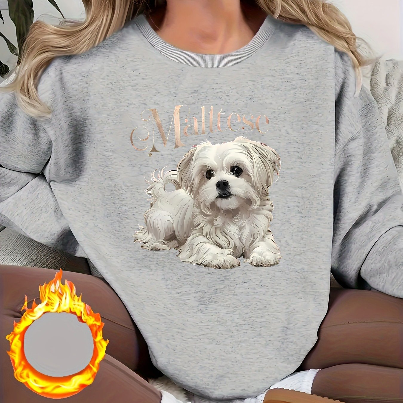 TEMU Women's Casual Trendy Fashion "elegant Maltese Dog" Printed Animal Pattern Fleece Round Neck Sweatshirt